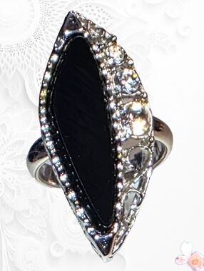 Vintage Emmons Black Lucite Navette Rhinestone Statement Ring Silver Tone AdjSz